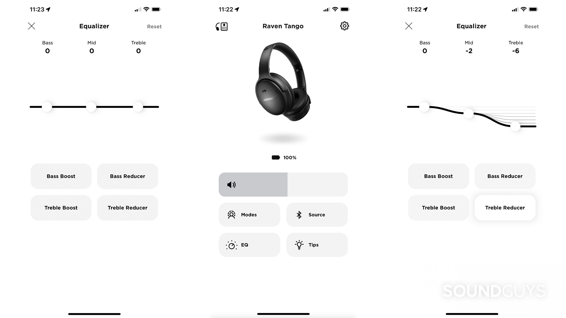 bose-quietcomfort-45-eq-app Three screenshots of the February 2022 update of the Bose Music app with the Bose QuietComfort 45 connected showing from left to right a neutral EQ, the home screen with a new EQ button visible, and the EQ with Treble Reducer activated.